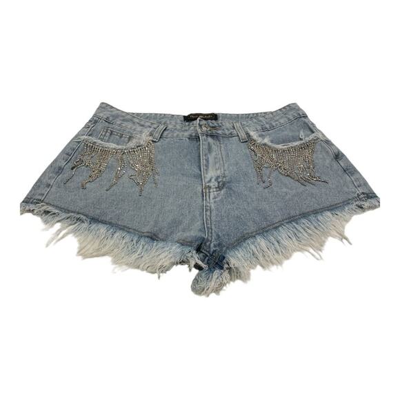 RHINESTONE Fringe Pocket Detail Light Wash Denim Raw Edge Shorts Size L - Picture 5 of 9